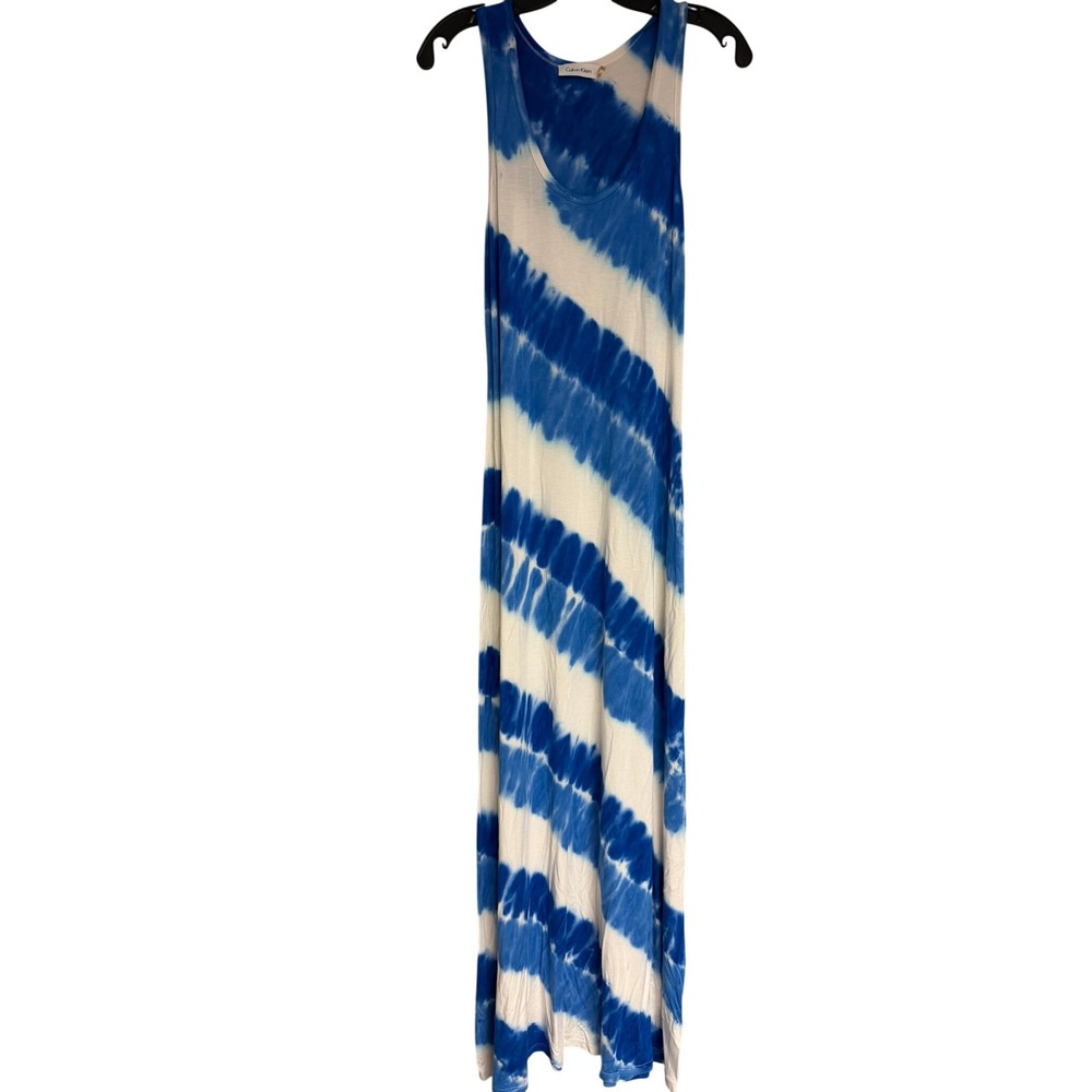 Calvin Klein‎ Womens Blue White Tie Dye Sleeveless Maxi Dress Size 6 Summer Boho